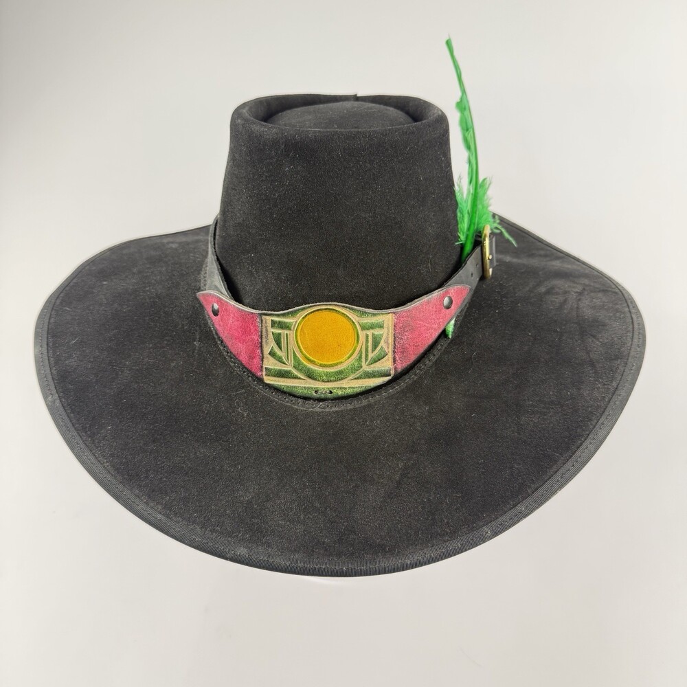 Ren Faire Handmade Leather Suede Cavalier Musketeer Hat Cap Blk W/Trim & Feather